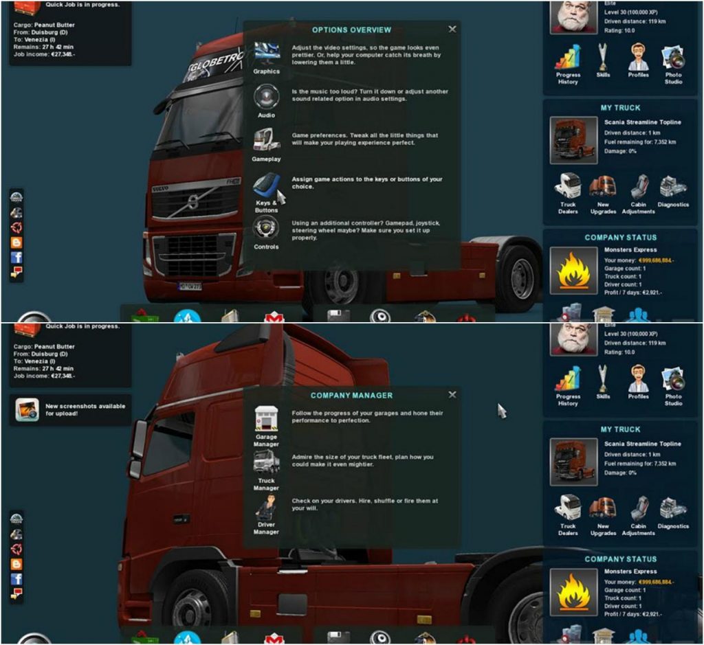 Euro Truck Simulator 2 меню