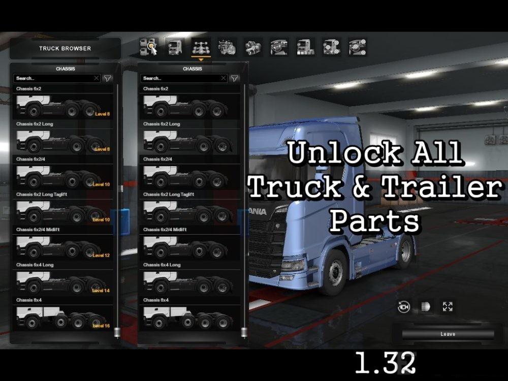 Unlock All Truck &amp; Trailer Parts 1.32 Beta ETS2 mods Euro truck
